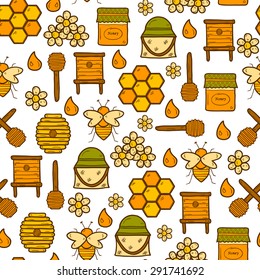 Seamless background with cute cartoon hand drawn objects on beekeeping theme: bee, honey, flowers, bee hat, bee spoon, beehive. Farm or eco concept. You can use it for farm products site, app, shop