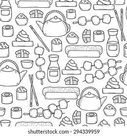 Seamless background with cute cartoon hand drawn objects on japanese cuisine theme: tea pot, rolls, sushi, wasabi, caviar. Ethnic travel concept. Great for restaurant menu, food site or app
