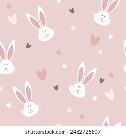 Seamless background with cute cartoon hares on a pink background. Children's pattern with white rabbits.