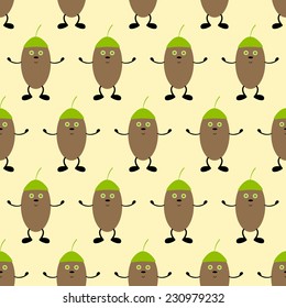 Seamless background with cute cartoon hugging acorns in green hats with green eyes and black noses, black legs and hands on yellow background. For decoration, textile, wrapping paper, wallpaper