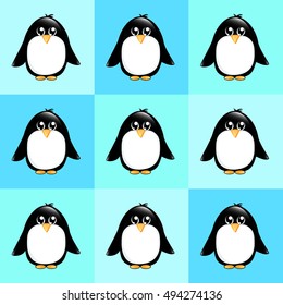 Un fondo sin fisuras de lindos pingüinos de dibujos animados sobre un fondo a cuadros en tonos azules.  Formato vectorial EPS10
