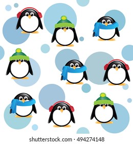 Un fondo sin costuras de lindos pingüinos de dibujos animados, con sombreros de invierno, bufandas y arbustos, sobre fondo de manchas azules.  Formato vectorial EPS10