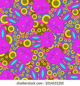 Seamless background with cute cartoon rabbits.