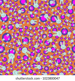 Seamless background with cute cartoon rabbits.