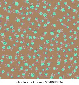 Seamless background with cute cartoon rabbits.