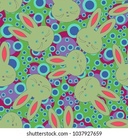 Seamless background with cute cartoon rabbits.