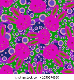Seamless background with cute cartoon rabbits.