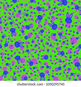 Seamless background with cute cartoon rabbits.