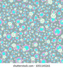 Seamless background with cute cartoon rabbits.