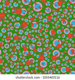 Seamless background with cute cartoon rabbits.