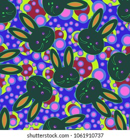 Seamless background with cute cartoon rabbits.