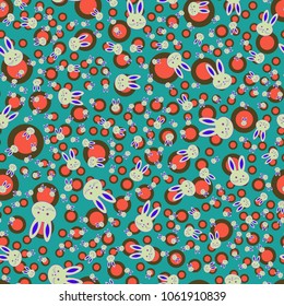 Seamless background with cute cartoon rabbits.