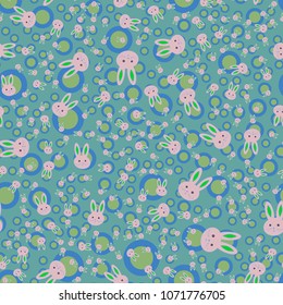 Seamless background with cute cartoon rabbits.