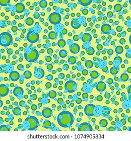 Seamless background with cute cartoon rabbits.