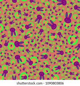 Seamless background with cute cartoon rabbits.