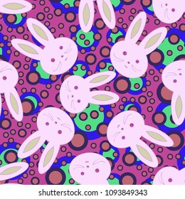 Seamless background with cute cartoon rabbits.