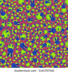 Seamless background with cute cartoon rabbits.