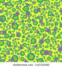 Seamless background with cute cartoon rabbits.