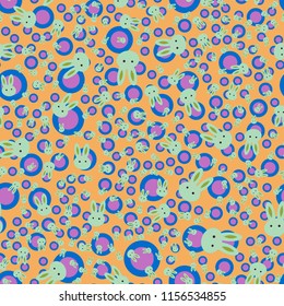 Seamless background with cute cartoon rabbits.