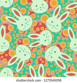 Seamless background with cute cartoon rabbits.