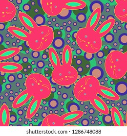Seamless background with cute cartoon rabbits.