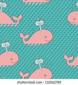 Seamless background with cute cartoon whales