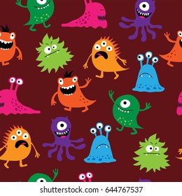 Seamless background with a cute cheerful colorful monsters