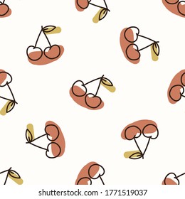 Seamless background cute cherry. Gender neutral kid food pattern. Simple whimsical minimal earthy 2 tone color. Baby nursery wallpaper or boho decorative gardening decor all over print. 