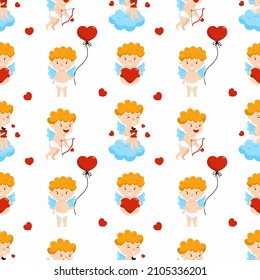 Seamless background with cute cherub and heart. Wallpapers for Valentine  Day. Background for sewing clothes and printing on wrapping paper.