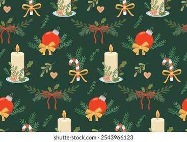 Seamless background with cute Christmas decorations, candles, candies and plants. Colorful pattern with holiday compositions	