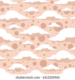 Seamless background with cute clouds, circles on light brown background