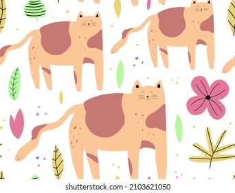 Seamless background with cute color cats, flowers and leaves. Pattern for baby shower party, greeting card, textile, wrapping. Vector