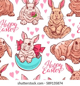 seamless background of cute colorful easter bunnies. hand-drawn illustration