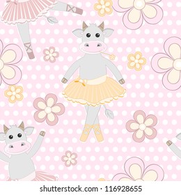 Seamless background with cute cow ballet dancer