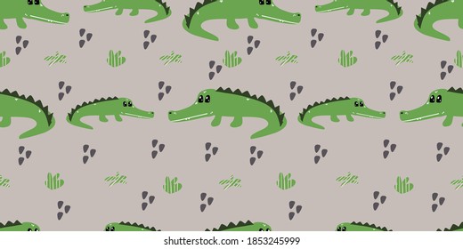 Seamless background with cute crocodile. Decorative cute wallpaper for the nursery in the Scandinavian style. Suitable for children's clothing, interior design, packaging, printing.