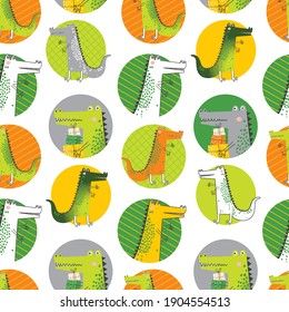 Seamless background with cute crocodile pattern, vector illustration