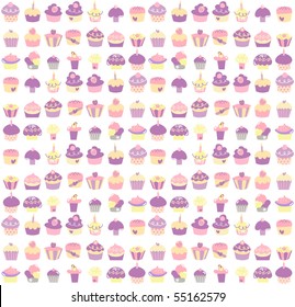 Seamless background of cute cupcakes in pastel colors.