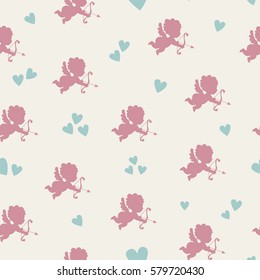 Seamless background with cute cupids and hearts. Vector color illustration