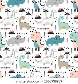 Seamless background with cute dino in scandinavian style, illustration vector