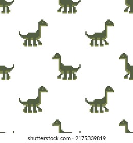 Seamless background with cute dinosaurs. Pixel prehistoric animals. Vector Pattern