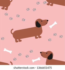 Seamless background with cute dog. Pet. Footprints of dog. Bone for dog. Children background with cute animal. Cartoon background. Pink girl background with sausage dog.  svg