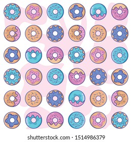 Seamless background with cute donuts. Vector illustration. Set of cartoon colorful donuts isolated on white background. Collection of glazed donuts, delicious pastries, flour cooked baked