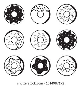 Seamless background with cute donuts. Vector illustration. Set of cartoon colorful donuts isolated on white background. Collection of glazed donuts, delicious pastries, cooked baked. Food donut icons