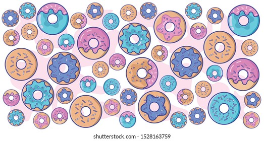 Seamless background with cute donuts. Vector illustration. Set of cartoon colorful donuts isolated on white background. Collection of glazed donuts, delicious pastries, flour cooked baked