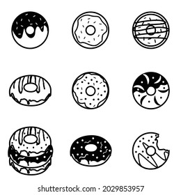Seamless background with cute donuts. Vector illustration. Set of cartoon colorful donuts isolated on white background. Collection of glazed donuts, delicious pastries, cooked baked. Food donut icons