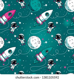 Seamless background with cute doodle astronauts, planets, spaceships and stars, vector illustration