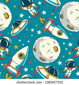 Seamless background with cute doodle astronauts, planets, spaceships and stars, vector illustration