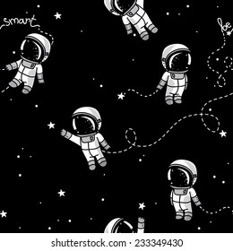 seamless background with cute doodle astronauts and stars, vector illustration