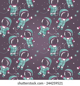 seamless background with cute doodle astronauts and stars, vector illustration