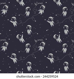 seamless background with cute doodle astronauts and stars, vector illustration